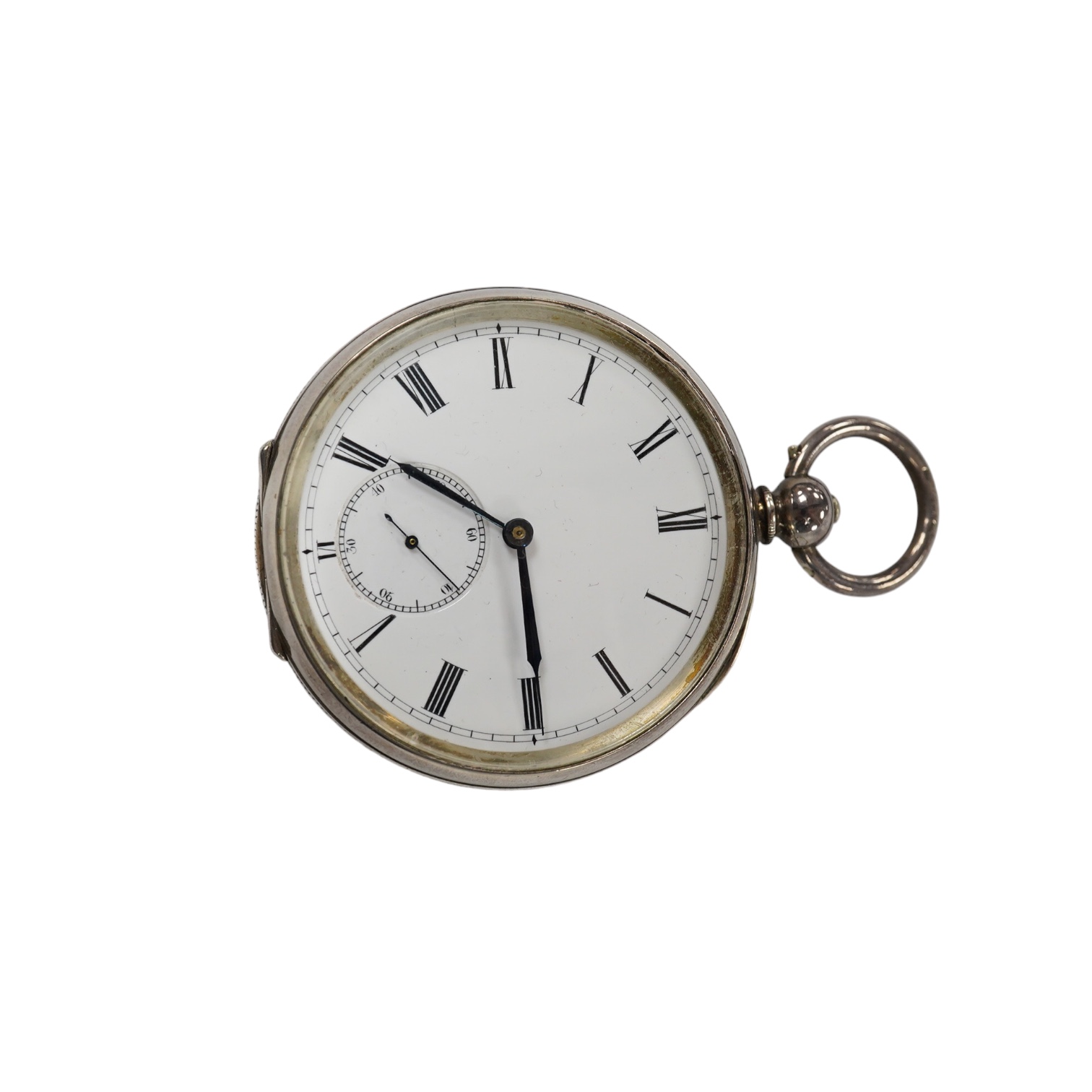 A late 19th century engine turned Swiss 935 standard white metal key wind open faced pocket watch, with engraved inscription relating to J.B. Dent & Sons, London, case diameter 53mm. Condition - fair